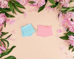 leeg roze en blauw papier stickers Aan een perzik achtergrond foto