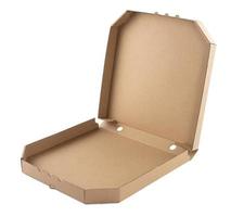 blanco bruin Open karton pizza papier doos Aan wit achtergrond. verpakking sjabloon foto