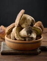 vers Woud porcini champignons in een houten bord foto