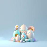 3d renderen van glanzend eieren en bloemen voor Pasen dag groet kaart achtergrond foto