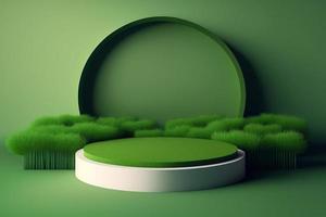 3d minimaal cirkel podium illustratie met groen gras voor Product achtergrond. foto