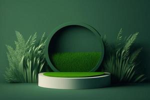 3d minimaal cirkel podium illustratie met groen gras voor Product achtergrond. foto