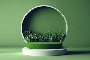 3d minimaal cirkel podium illustratie met groen gras voor Product achtergrond. foto