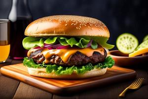 voorkant visie smakelijk vlees hamburger met kaas en salade foto