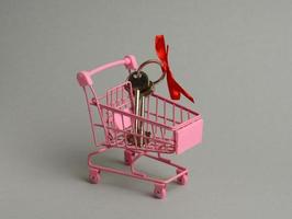 metaal sleutels in een miniatuur roze trolley Aan een grijs achtergrond. echt landgoed aankoop concept foto