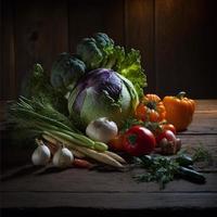 gezond groenten Aan houten tafel foto