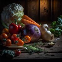 gezond groenten Aan houten tafel foto