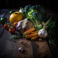 gezond groenten Aan houten tafel foto