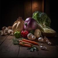 gezond groenten Aan houten tafel foto