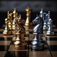 goud en zilver schaak Aan schaak bord spel voor bedrijf metafoor leiderschap concept foto