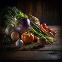 gezond groenten Aan houten tafel foto