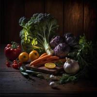 gezond groenten Aan houten tafel foto