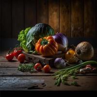 gezond groenten Aan houten tafel foto