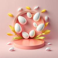 Pasen viering podium met roze 3d eieren decoratief voor Product presentatie foto