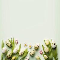 versierd tulpen en eieren Aan een zacht groen achtergrond voor een Pasen groet kaart foto