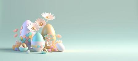 Pasen viering achtergrond banier met 3d eieren en bloemen foto