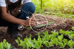slim boer gebruik makend van toepassing door smartphone concepten modern agrarisch technologie en zichtbaar icoon. foto