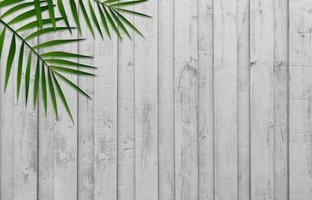 wit hout met wazig kokosnoot palm bladeren achtergrond, wazig groen takken van blad Aan gewassen houten textuur, wijnoogst tuin hek muur oppervlak, breed horizon achtergrond plank tafel voor Product Cadeau foto
