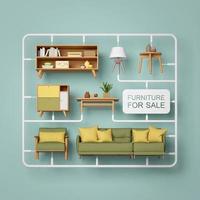 meubilair uitrusting set.bank fauteuil kabinet lamp tafel met tag.concept voor meubilair reclame of huis decoratie.3d renderen foto