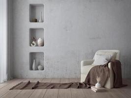 middellandse Zee stijl interieur.fauteuils Aan houten verdieping en wit beton background.3d renderen foto