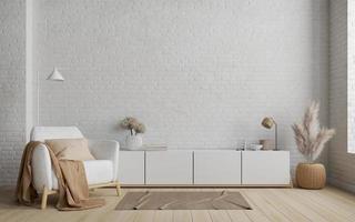 modern interieur met wit steen muur en hout toon meubels.3d renderen foto