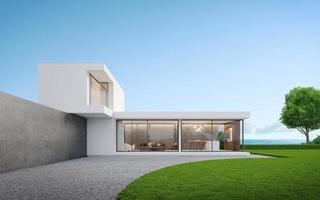 modern huis buitenkant met zee visie en blauw hemel.3d renderen foto