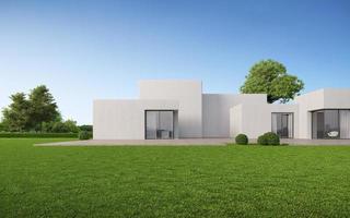 modern buitenkant van wit dozen huis met gazon en blauw hemel.3d renderen foto