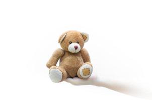 bruin teddy beer speelgoed- Aan menselijk hand- vrouw Aan wit achtergrond foto