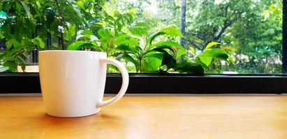 wit kop van koffie zetten Aan houten tafel met groen fabriek achtergrond en Rechtsaf kopiëren ruimte. object, verfrissing drinken en natuur behang concept foto