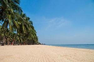 landschap zomer panorama vooraanzicht tropisch palm en kokospalmen zee strand blauw wit zand hemel achtergrond kalmte natuur oceaan mooi golf water reizen bangsaen strand oost thailand chonburi foto