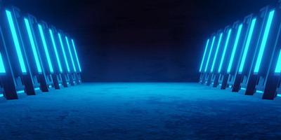 3d renderen van blauw neon gloeiend ruimteschip gang achtergrond donker. cyberpunk concept. tafereel voor reclame, toonzaal, technologie, spel, sport, metavers. sci-fi illustratie. Product Scherm foto