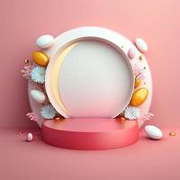 glanzend 3d roze stadium met eieren en bloemen voor Pasen viering Product vitrine foto