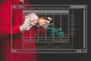 workflow project beheer concept Mannen handen richten werkwijze en workflow automatisering met stroomschema. foto