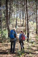 wandelen paar backpacken in het dennenbos