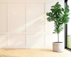 modern leeg kamer met hout patroon muur en binnen- groen planten. 3d renderen foto