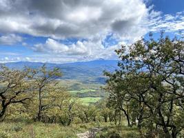 groen voorjaar natuur bloeiend richting. blauw lucht met wolken over- lagen van groen heuvels en bergen. kopiëren ruimte voor achtergrond. foto