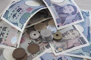 Japans yen aantekeningen en Japans yen munten voor geld concept achtergrond foto