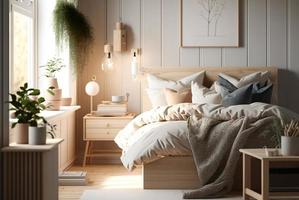 Scandinavisch stijl slaapkamer mockup met natuurlijk hout meubilair en een beige kleur regeling foto