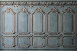 klassiek muur van oud goud stucwerk panelen blauw verf foto