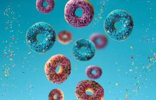 zoet veelkleurig donuts zweven Aan een blauw achtergrond, suiker hagelslag zijn vliegend in de omgeving van foto