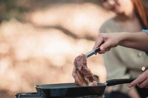 jong Dames genieten naar Koken maaltijd Aan camping foto