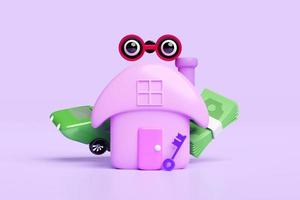 3d Purper huis met sleutel, auto, bankbiljet stapel, verrekijker geïsoleerd Aan Purper achtergrond. 3d geven illustratie, knipsel pad foto