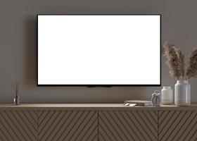 TV bespotten omhoog. LED TV met blanco wit scherm, hangende Aan de muur Bij huis. kopiëren ruimte voor reclame, film, app presentatie. leeg televisie scherm klaar voor uw ontwerp. modern interieur. 3d veroorzaken. foto