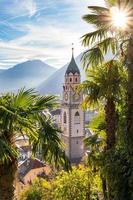 visie over- stadsgezicht met kathedraal heilige nikolaus van merano zuiden Tirol Italië gezien van beroemd wandelen spoor tappeinerweg foto