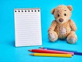 weinig bruin teddy beer en een blanco notitieboekje foto