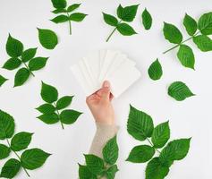 vrouw hand- Holding een stack van wit leeg papier bedrijf kaarten en vers groen bladeren foto