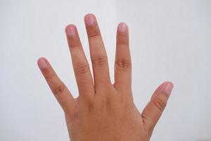 hand- met vinger, geïsoleerd Aan een wit achtergrond foto