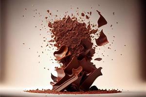 vliegend stukken van verpletterd chocola stukken met liquide chocola Valentijnsdag dag 3d en illustraties foto