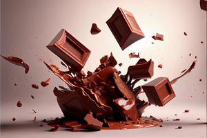 vliegend stukken van verpletterd chocola stukken met liquide chocola Valentijnsdag dag 3d en illustraties foto