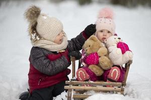 kinderen rijden Aan een wijnoogst houten slee tegen de backdrop van een winter Woud. broer en weinig zus Aan een winter wandelen. foto